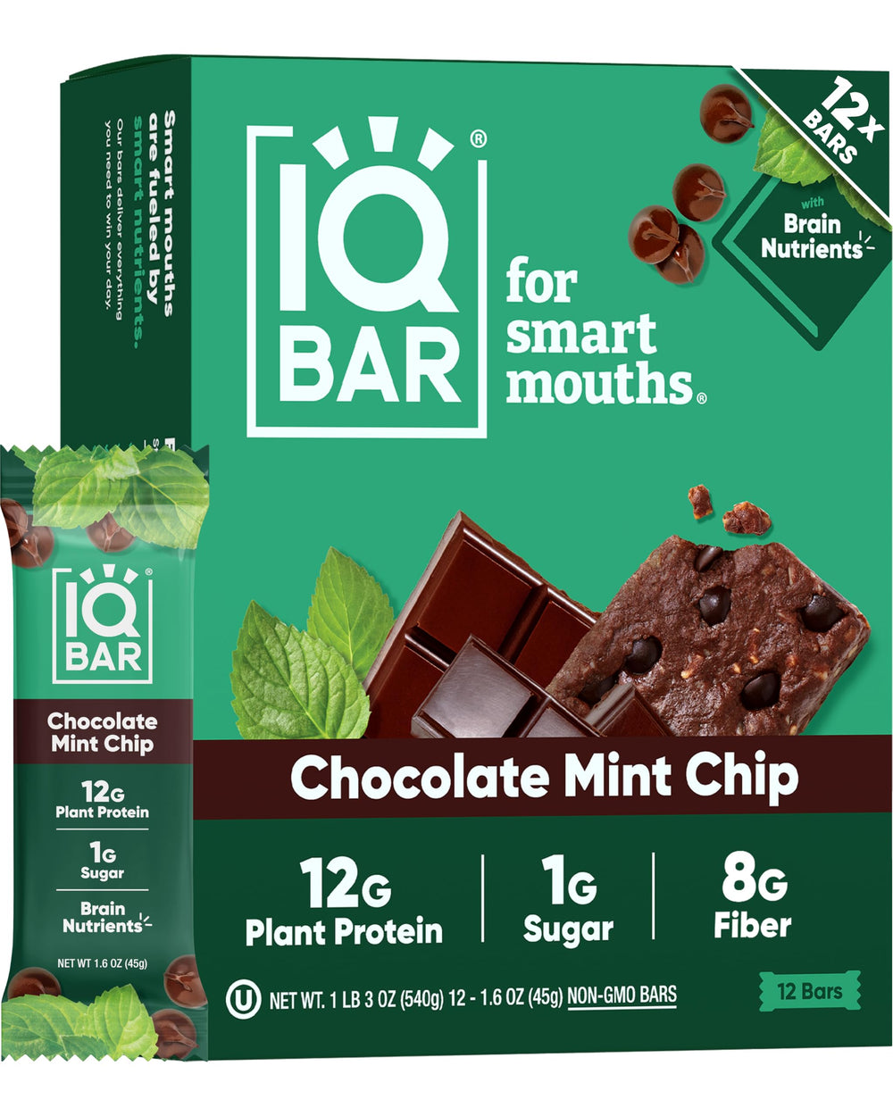 IQBAR Chocolate Mint Chip bar in packaging for quick focus and convenience.