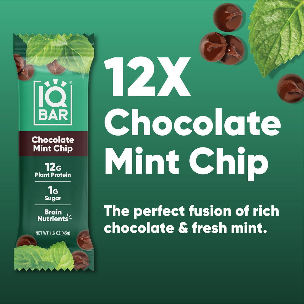 IQBAR Chocolate Mint Chip bar wrapped for easy travel.