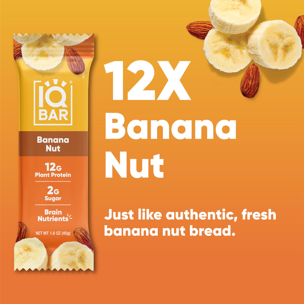IQBAR banana-nut bar ingredient close-up shows plant protein and wholesome ingredients.