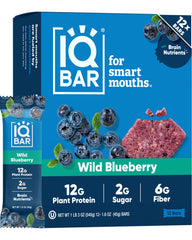IQBAR Clean Plant Protein Bars Wild Blueberry packaging shows a keto-friendly, high-fiber snack.