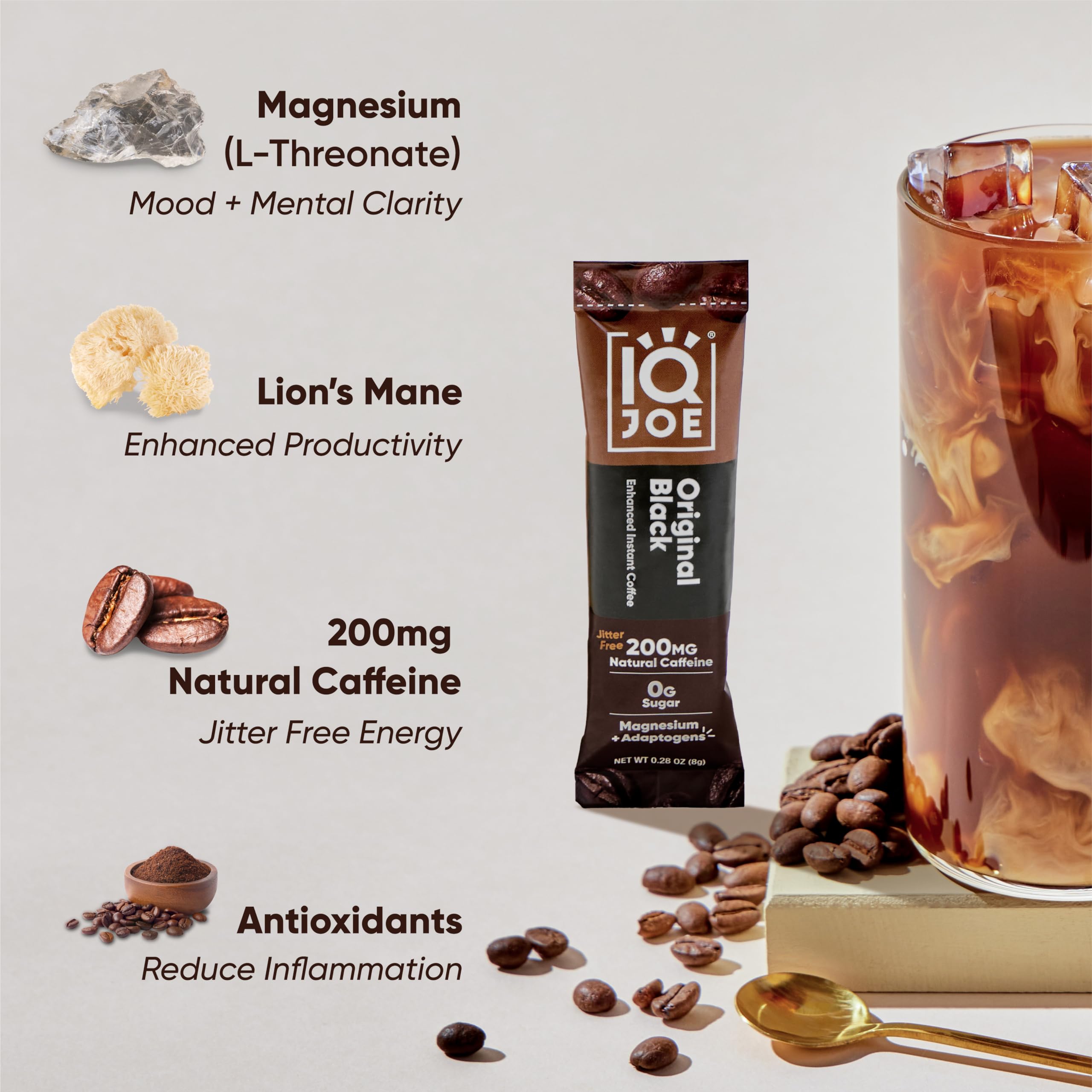 IQBAR IQJOE low-acid Brazilian Robusta roast in Original Black packets.
