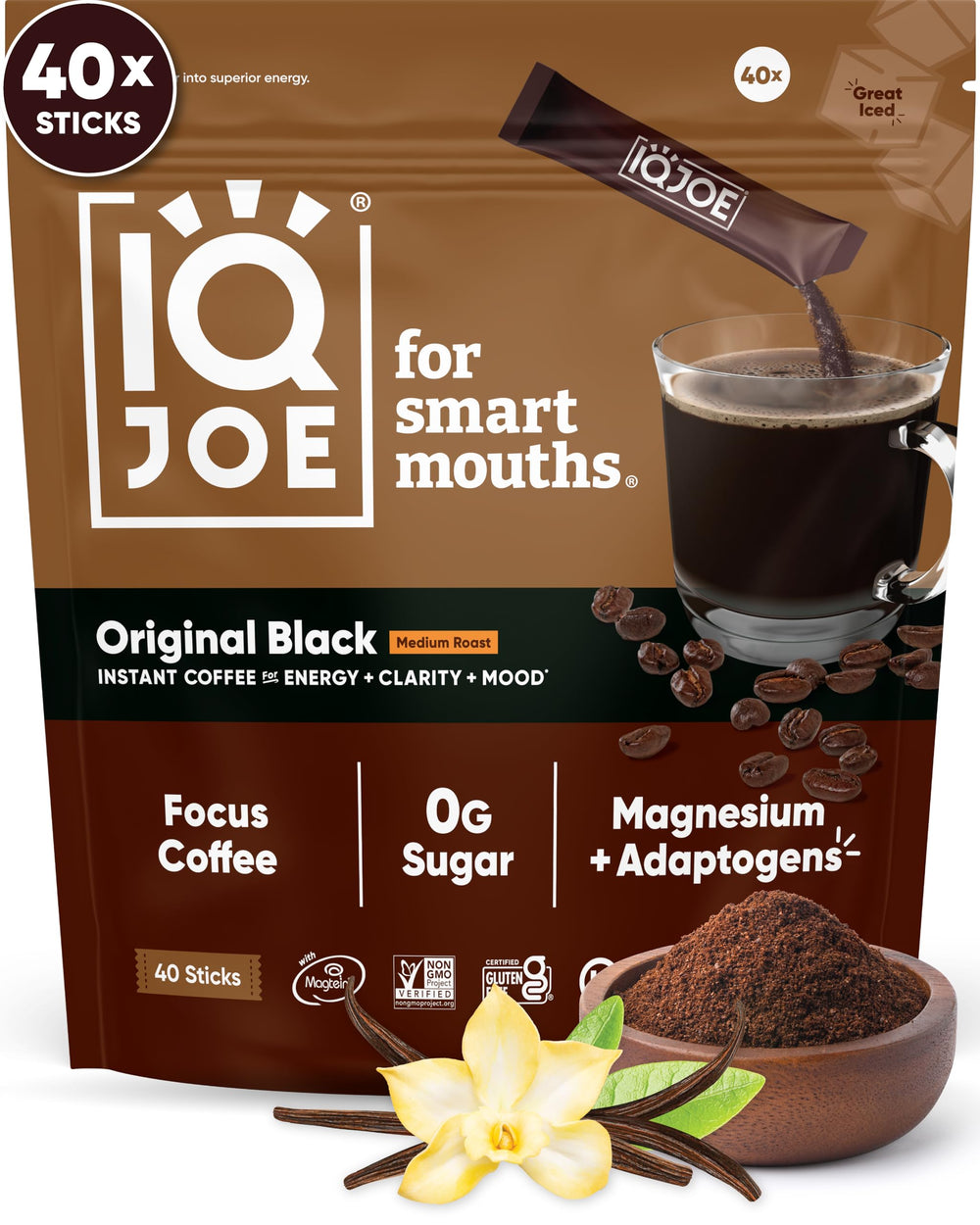 IQBAR IQJOE Original Black mushroom coffee packets for quick, focused mornings.