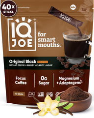 IQBAR IQJOE Original Black mushroom coffee packets for quick, focused mornings.