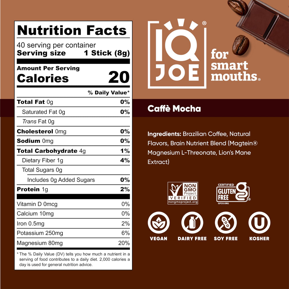 Closeup of IQBAR IQJOE packets highlighting sleek, convenient nootropic caffeine.
