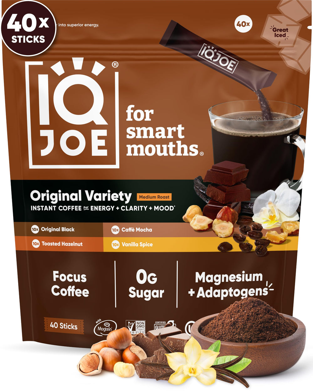 IQJOE mushroom coffee toasted hazelnut packets for smooth energy on the go.