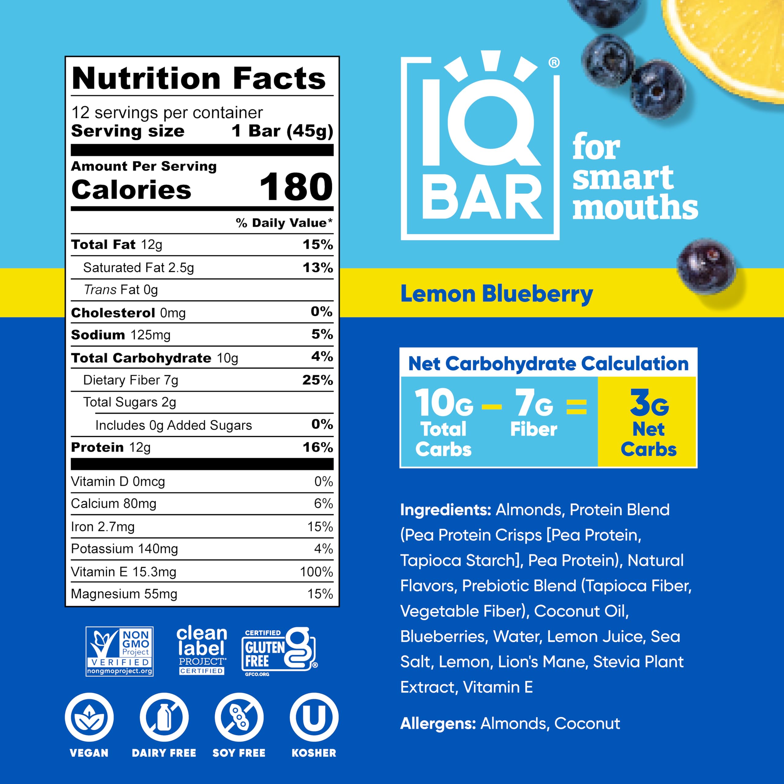 IQBAR Lemon Blueberry bar closeup shows texture and fresh flavor.