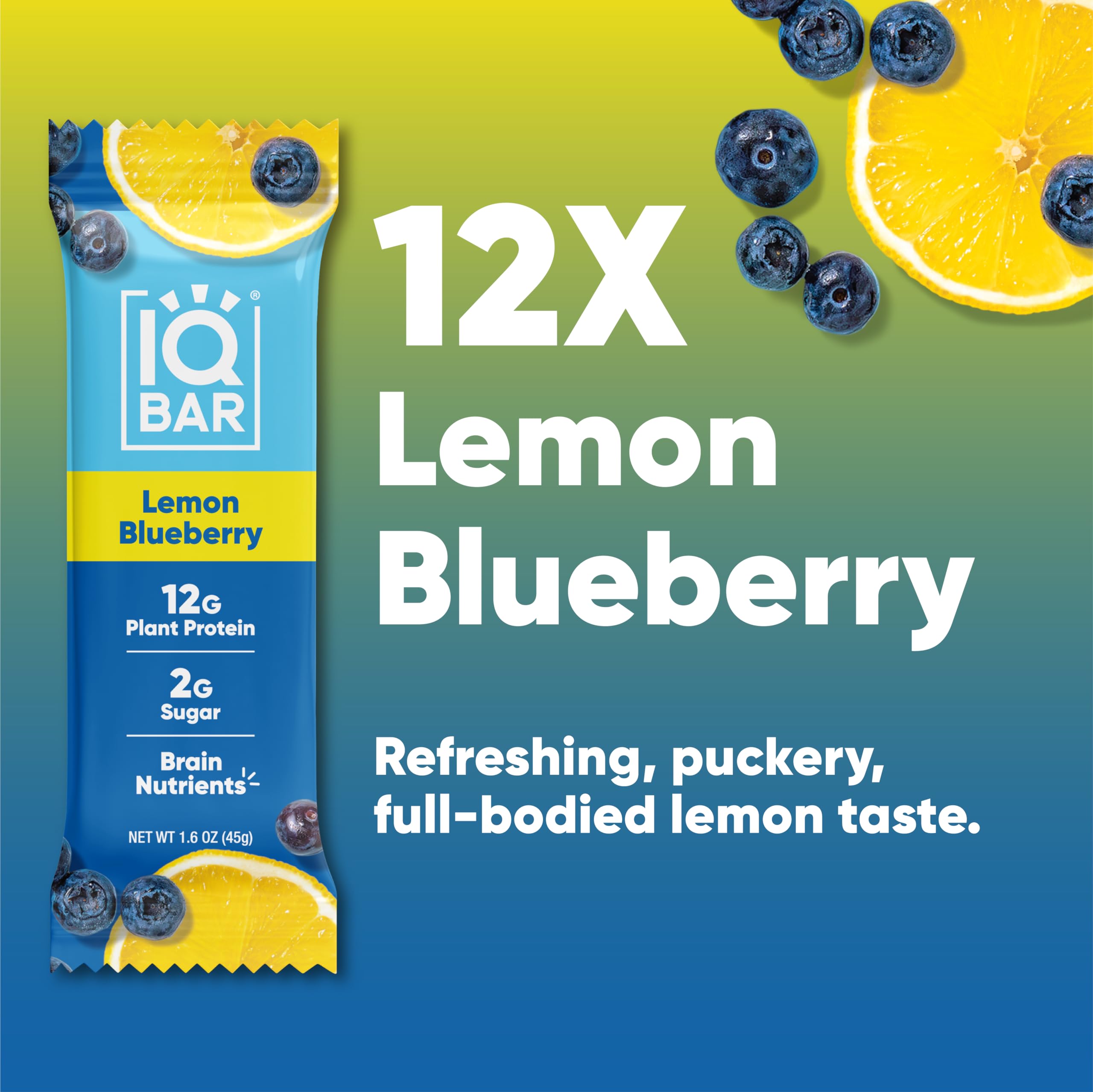 IQBAR Lemon Blueberry ingredients panel reveals vegan, gluten- and dairy-free nutrition.