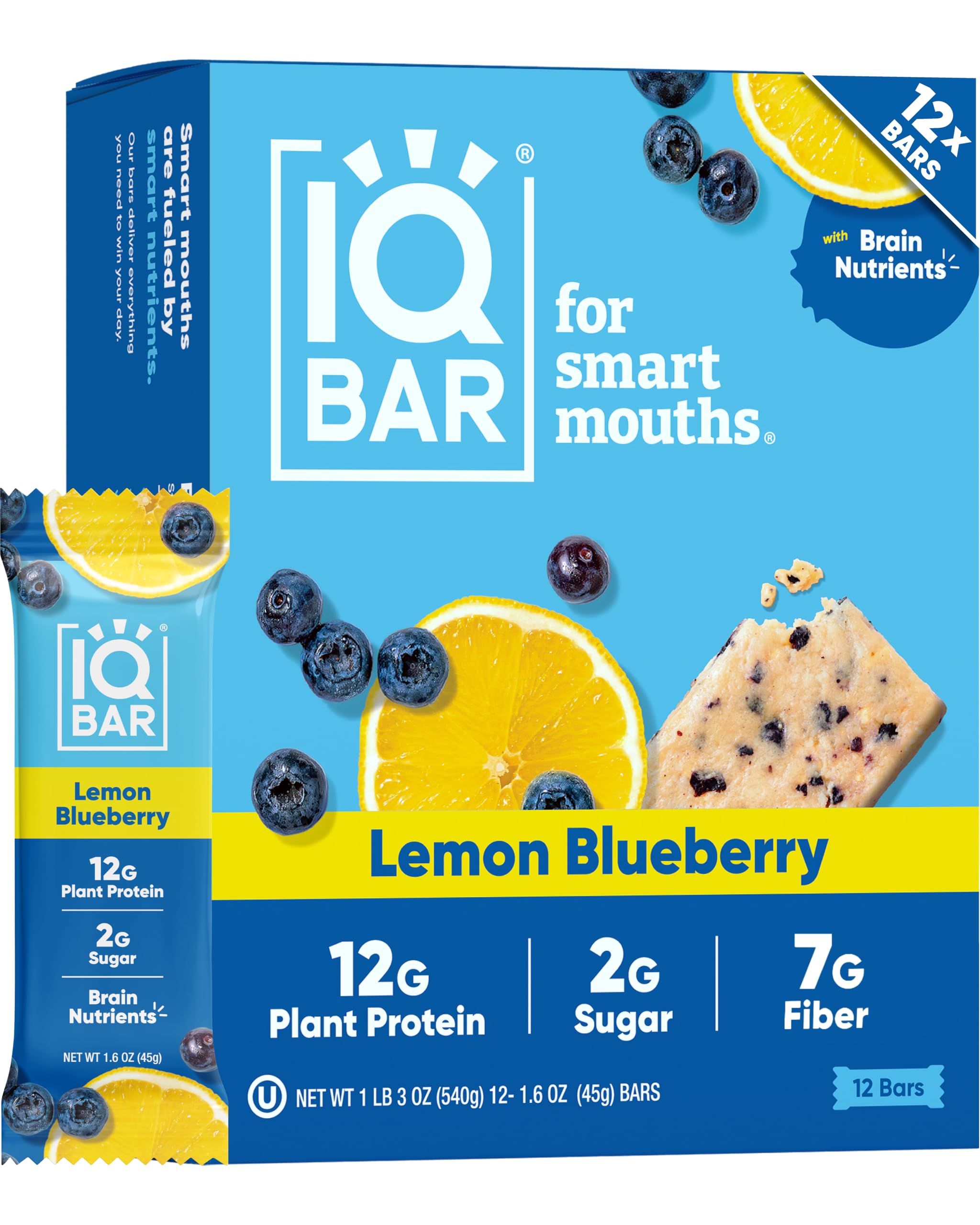 IQBAR Lemon Blueberry packshot highlighting a keto-friendly, high-fiber snack for busy days.