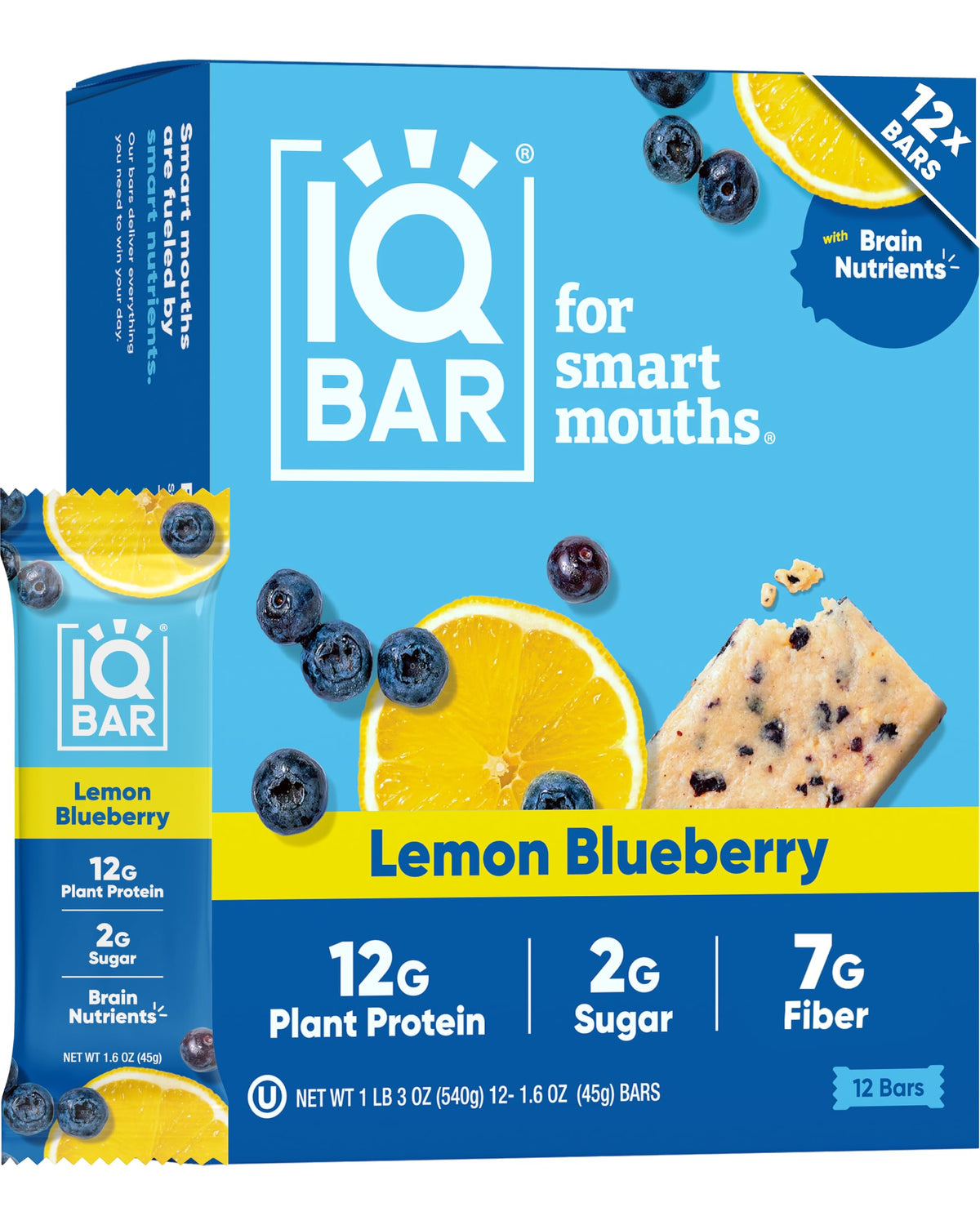 IQBAR Lemon Blueberry packshot highlighting a keto-friendly, high-fiber snack for busy days.