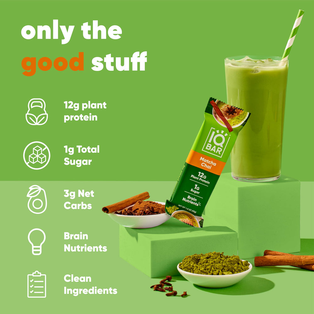 IQBAR Matcha Chai bar breakfast idea – nourishing start with high fiber and plant protein