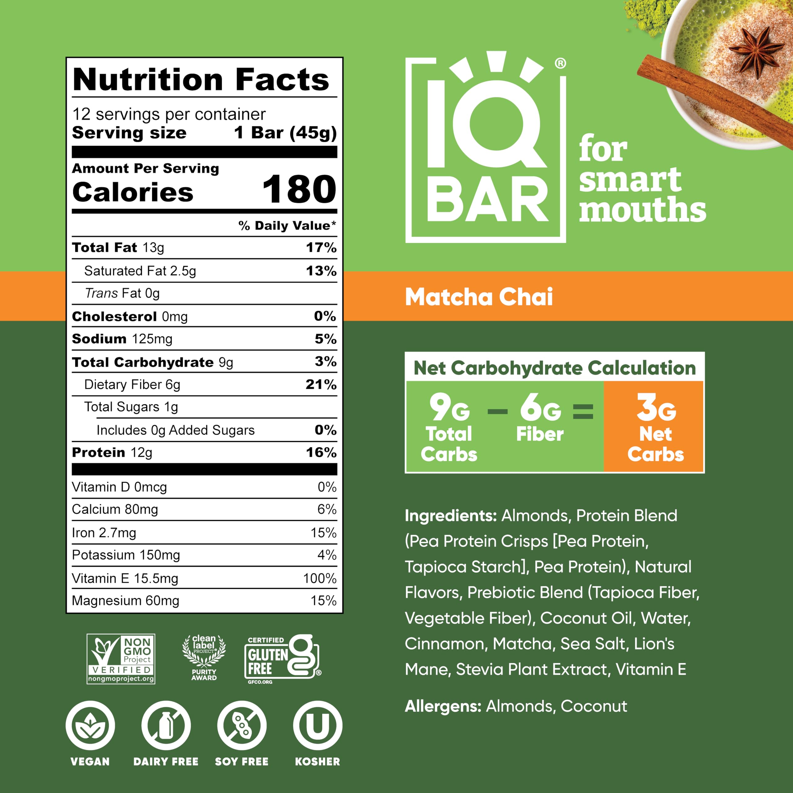IQBAR Matcha Chai bar closeup highlights vibrant color and inviting texture