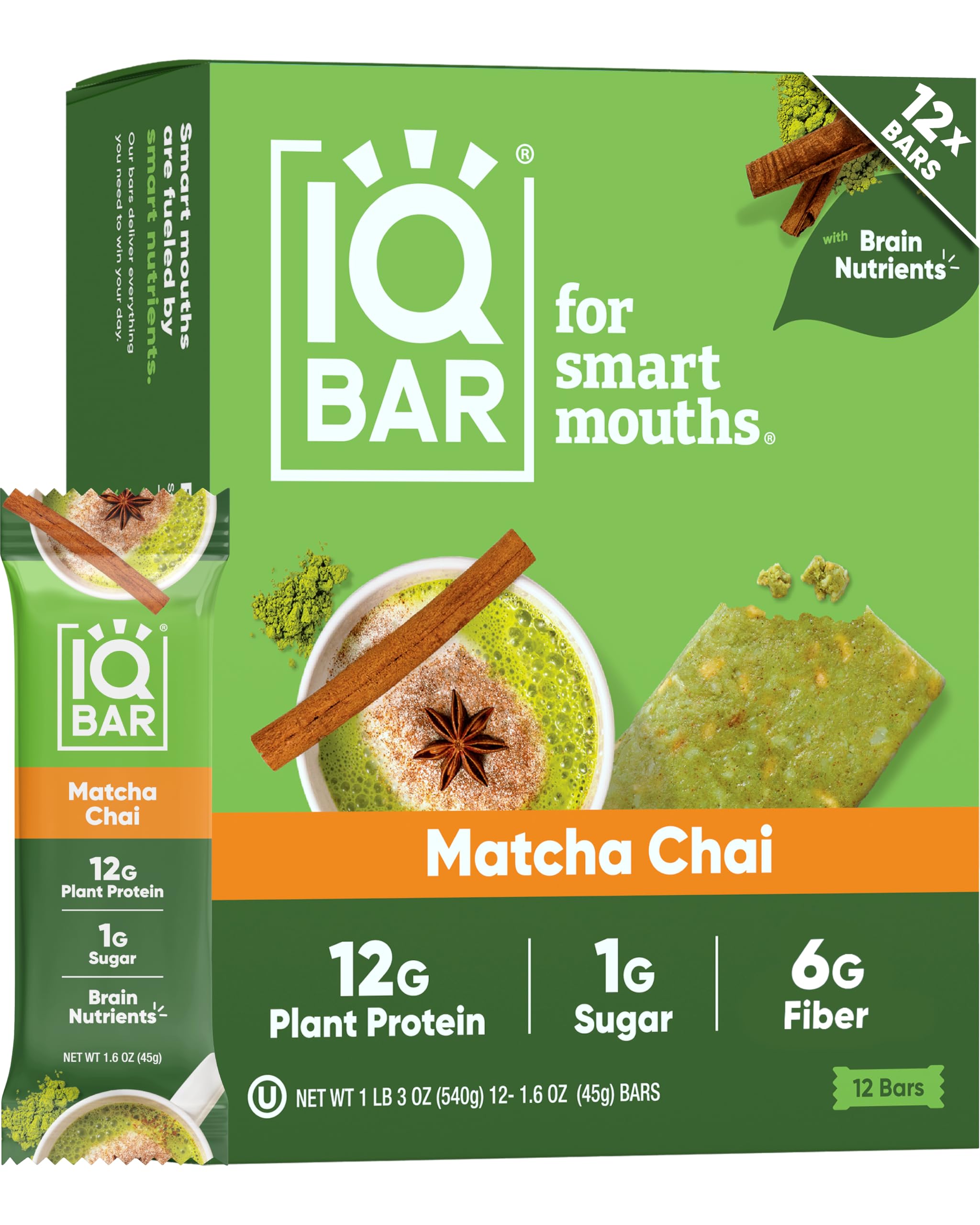 IQBAR Matcha Chai bar hero showing a protein-packed snack for steady energy