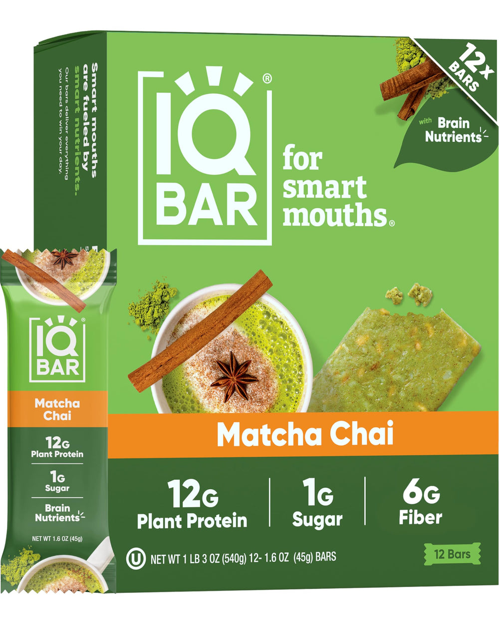 IQBAR Matcha Chai bar hero showing a protein-packed snack for steady energy