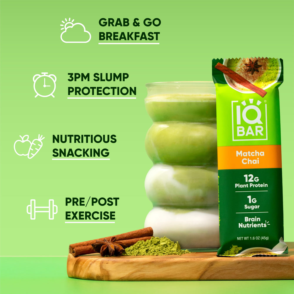 IQBAR Matcha Chai bar ingredients – lion’s mane and MCTs boost focus