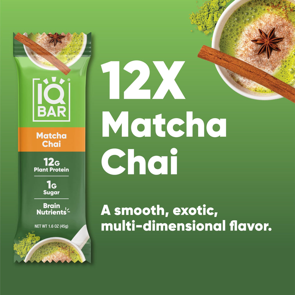 IQBAR Matcha Chai bar packaging, convenient keto-friendly snack