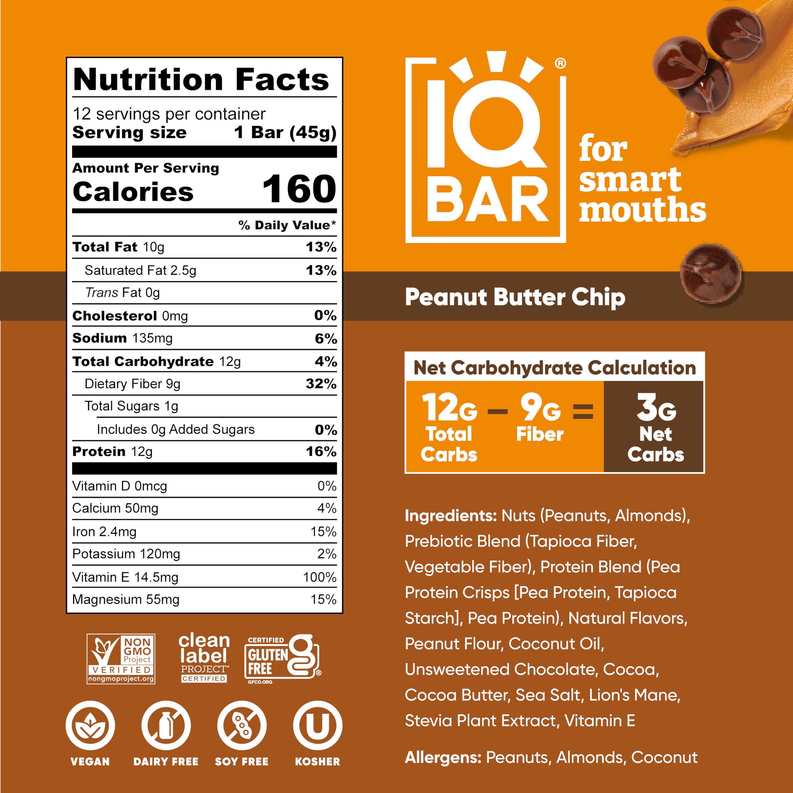 IQBAR Peanut Butter Chip bar close-up reveals texture and fiber.