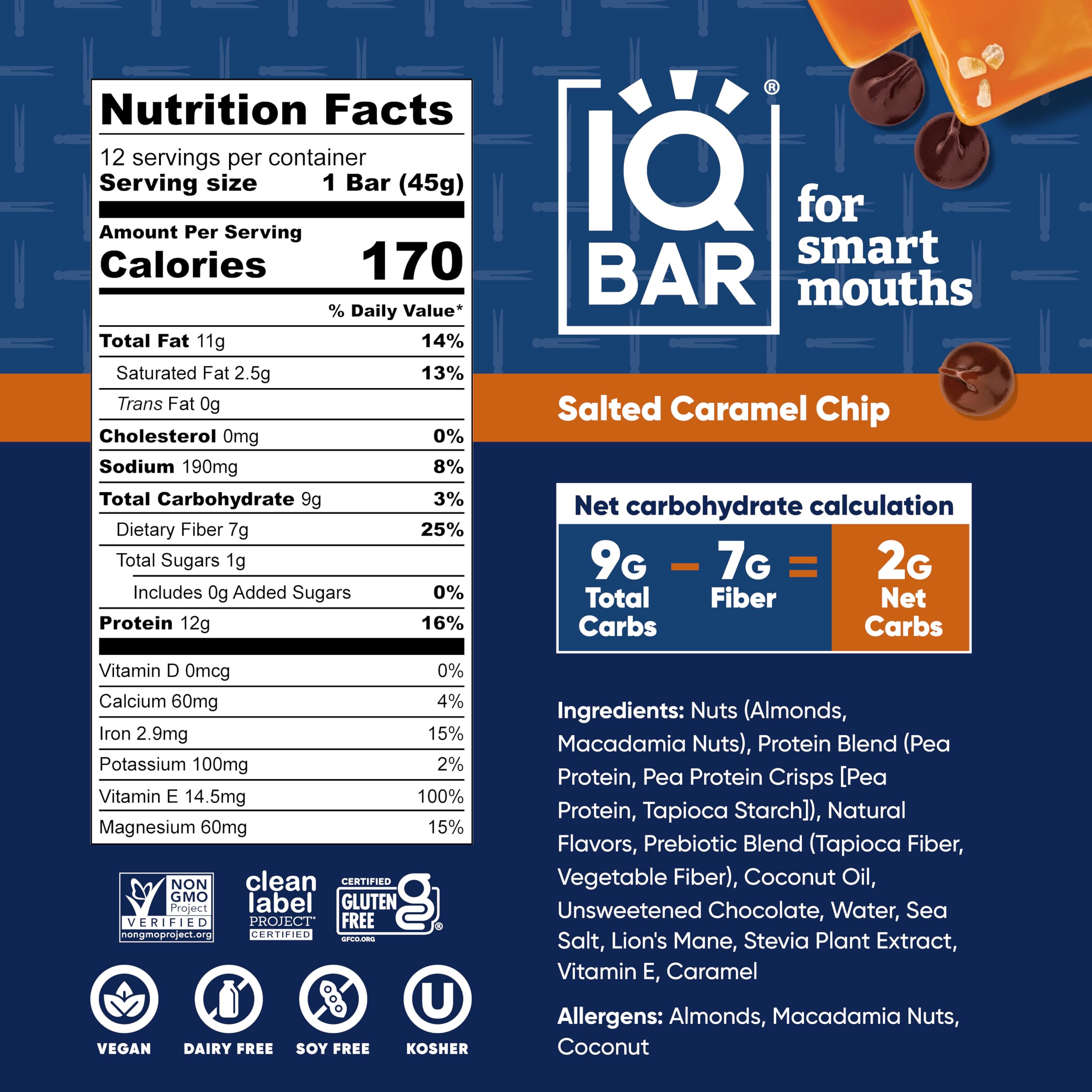 IQBAR Salted Caramel Chip bar close-up reveals creamy texture
