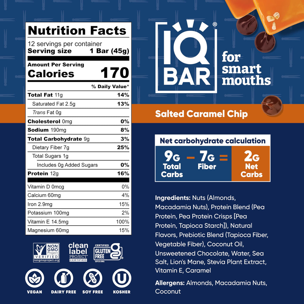 IQBAR Salted Caramel Chip bar close-up reveals creamy texture