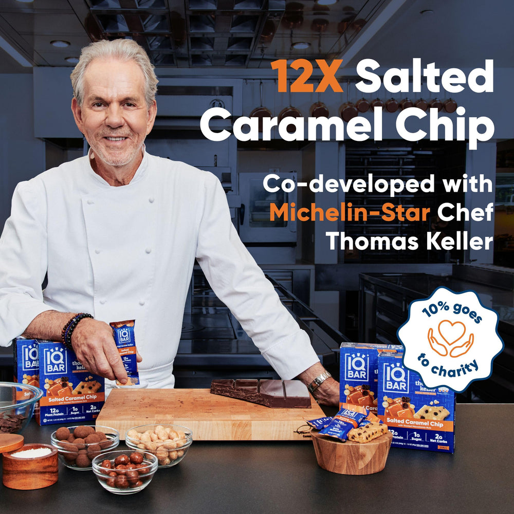 IQBAR Salted Caramel Chip nutrition label highlights low sugar and high fiber