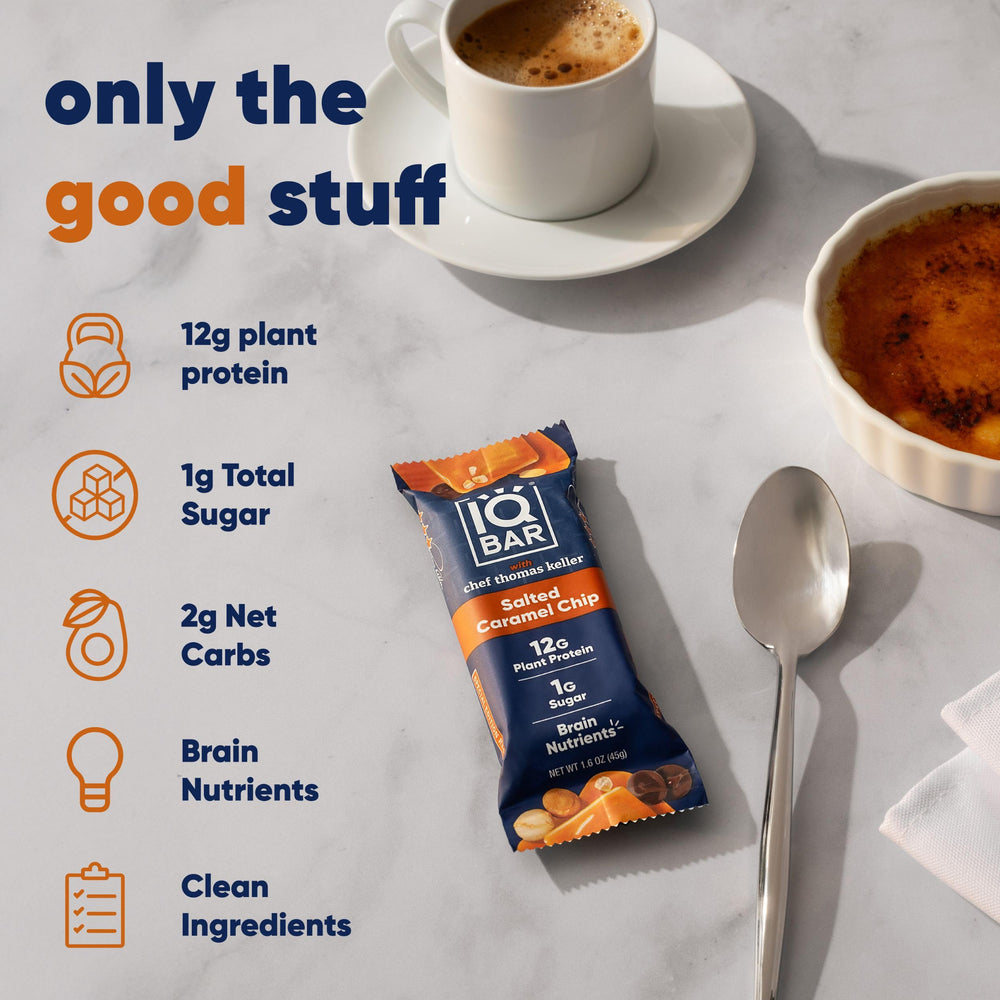 IQBAR Salted Caramel Chip bar on desk for focus during study or work