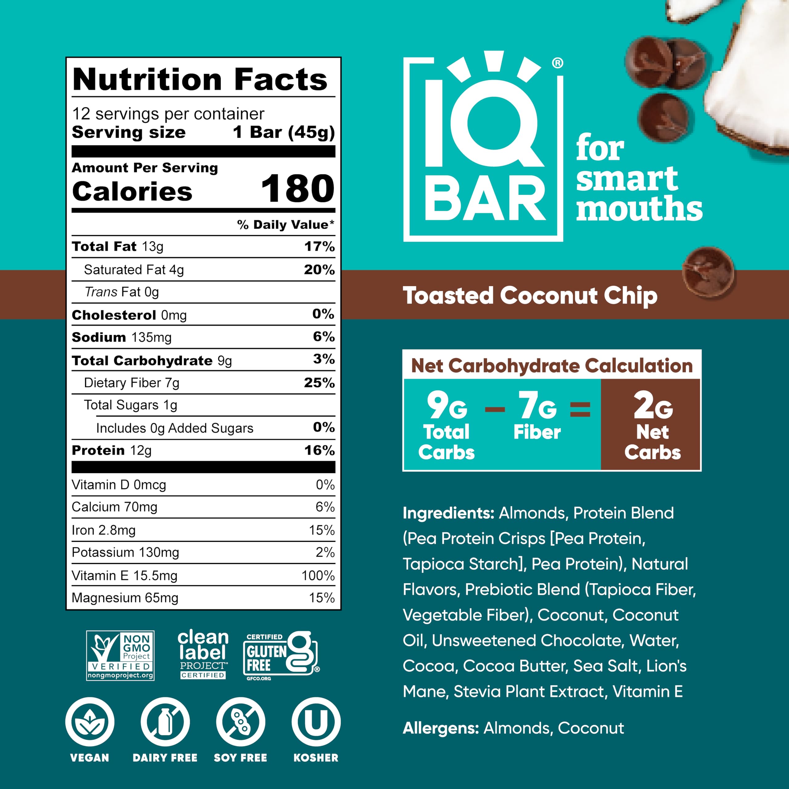 IQBAR Toasted Coconut Chip bar packaging highlights keto-friendly nutrition and low sugar.