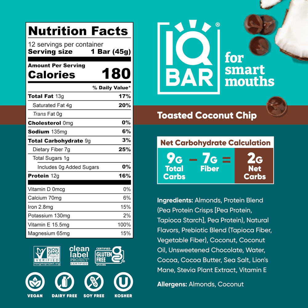 IQBAR Toasted Coconut Chip bar packaging highlights keto-friendly nutrition and low sugar.