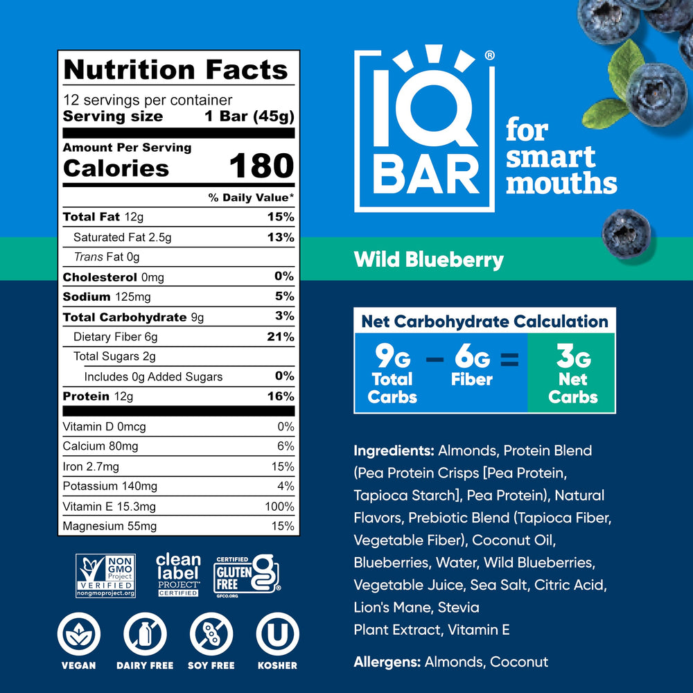 IQBAR Wild Blueberry bar close-up highlights real berries and clean ingredients.