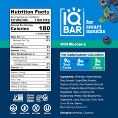 IQBAR Wild Blueberry bar close-up highlights real berries and clean ingredients.