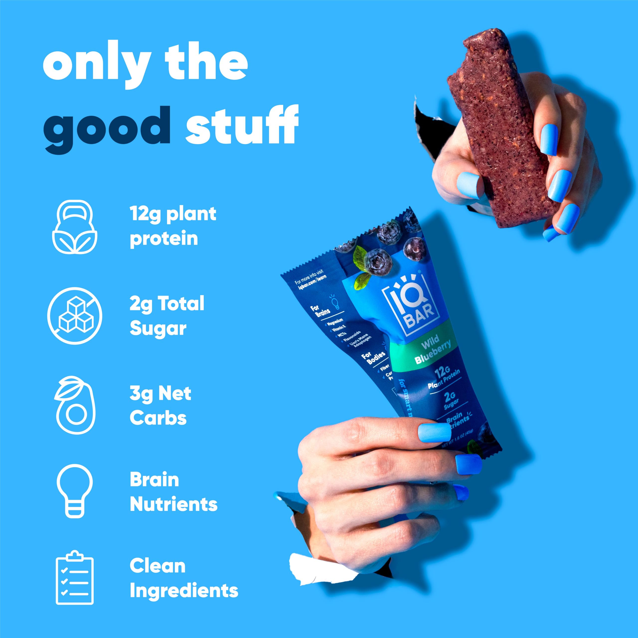IQBAR Wild Blueberry nutrition facts show 12g protein and low net carbs.