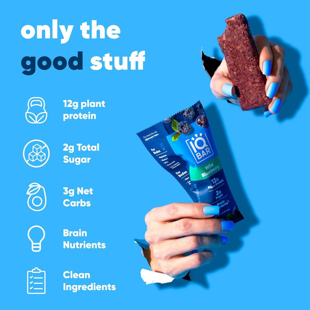 IQBAR Wild Blueberry nutrition facts show 12g protein and low net carbs.
