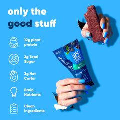 IQBAR Wild Blueberry nutrition facts show 12g protein and low net carbs.