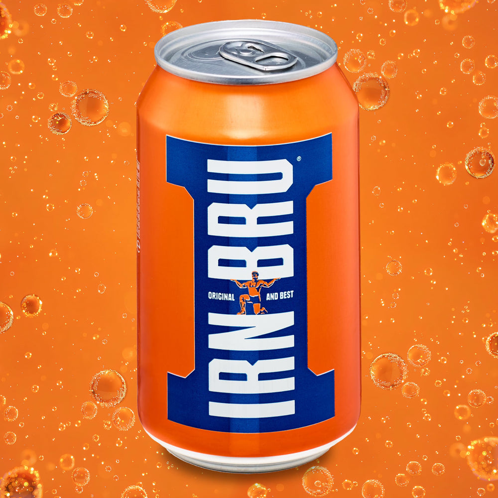 Close-up of the 32-flavor recipe label on an IRN-BRU can