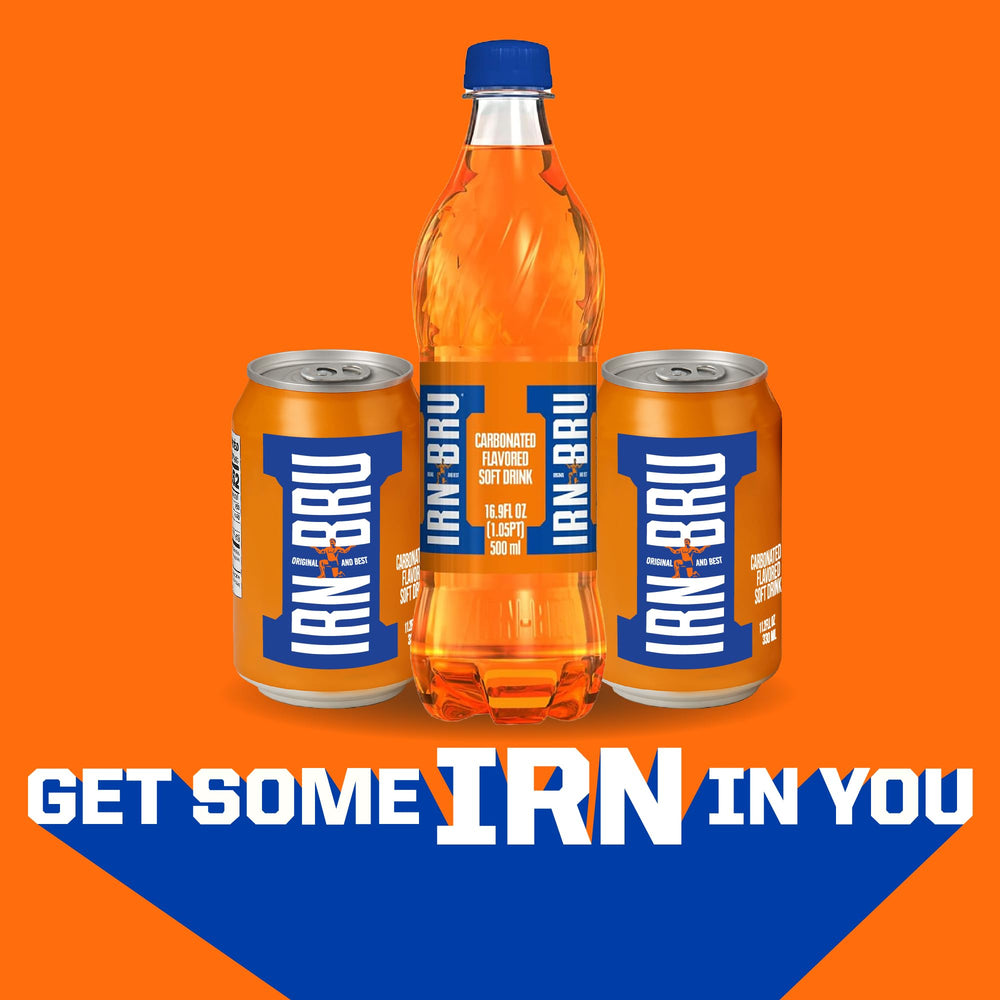 IRN-BRU original 32-flavor secret blend, unique citrus-fruity profile.