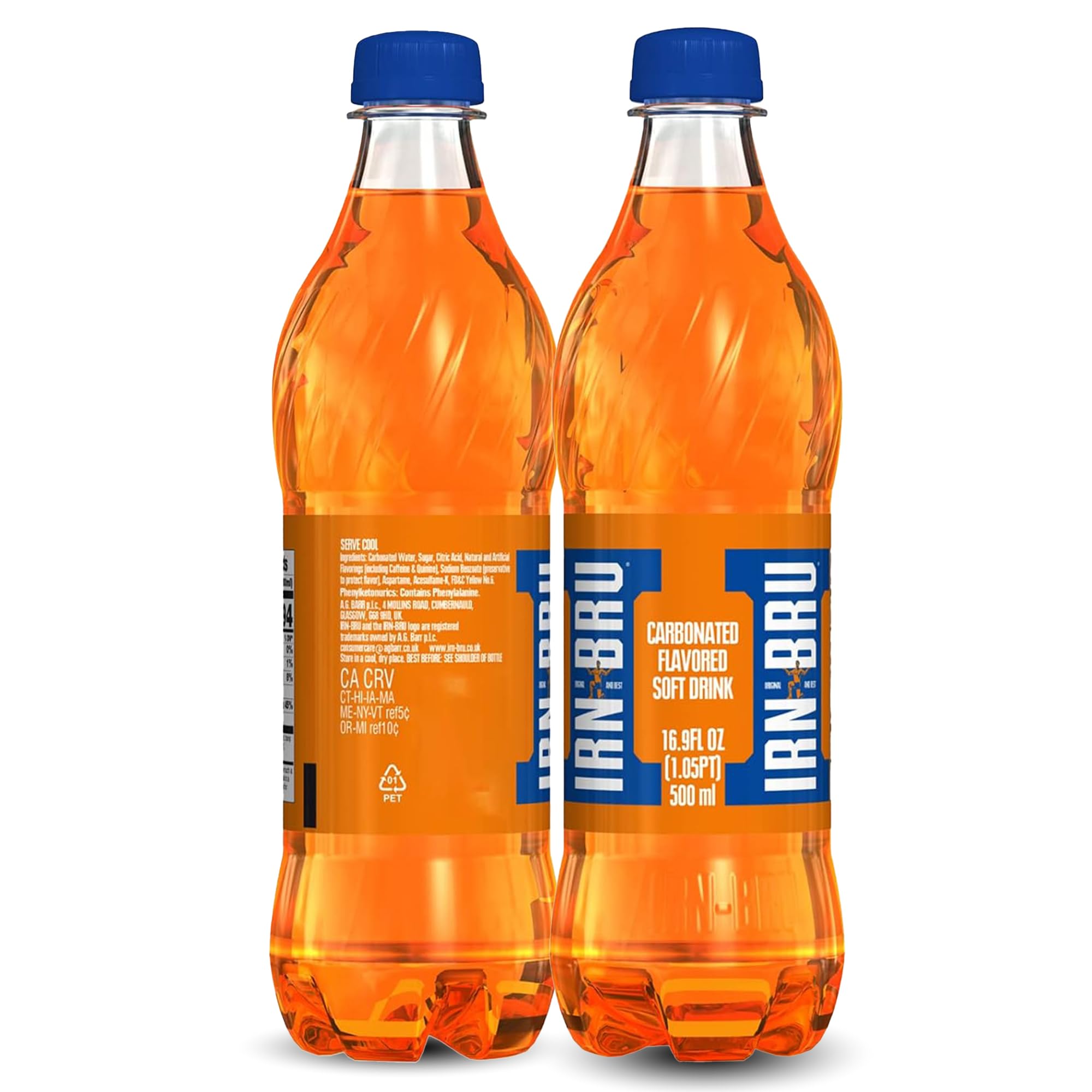 IRN-BRU Original bottle being poured into a glass, crisp fizz visible.