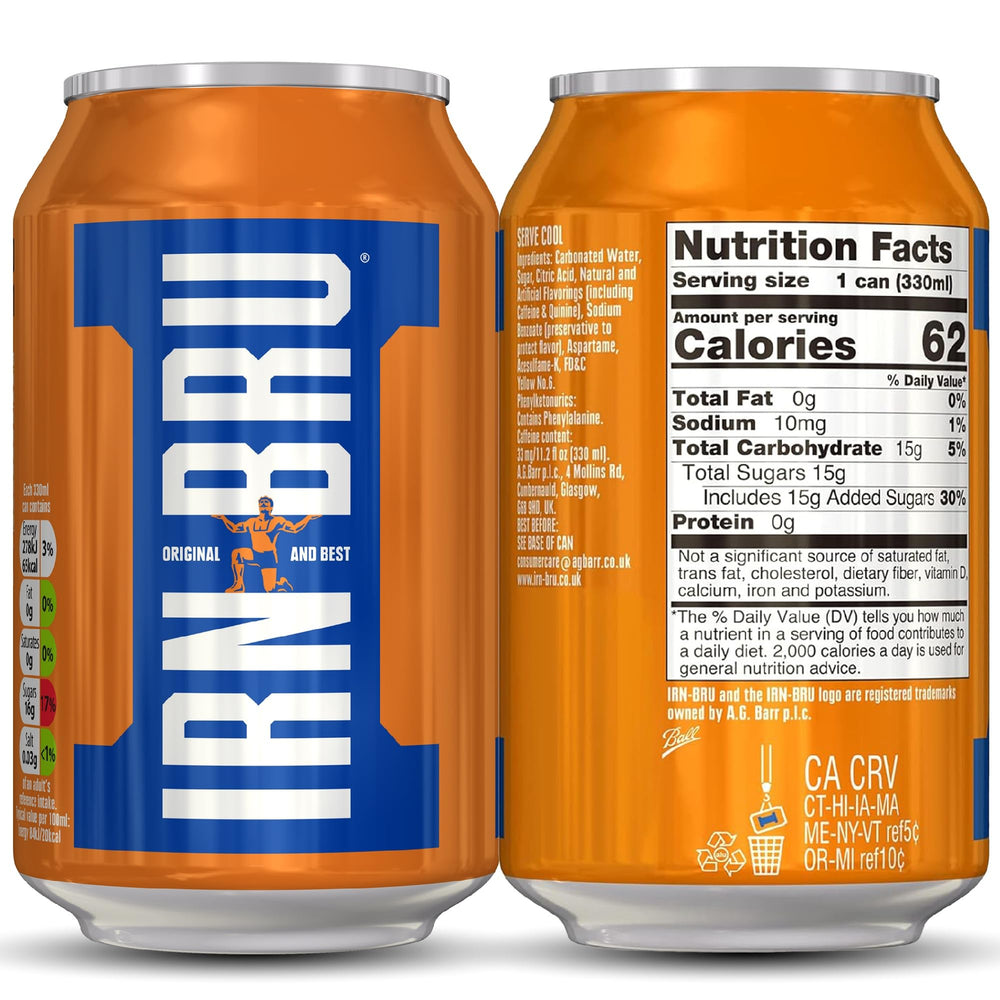 IRN-BRU original can bubbles closeup, fizzy sip ideal for parties.