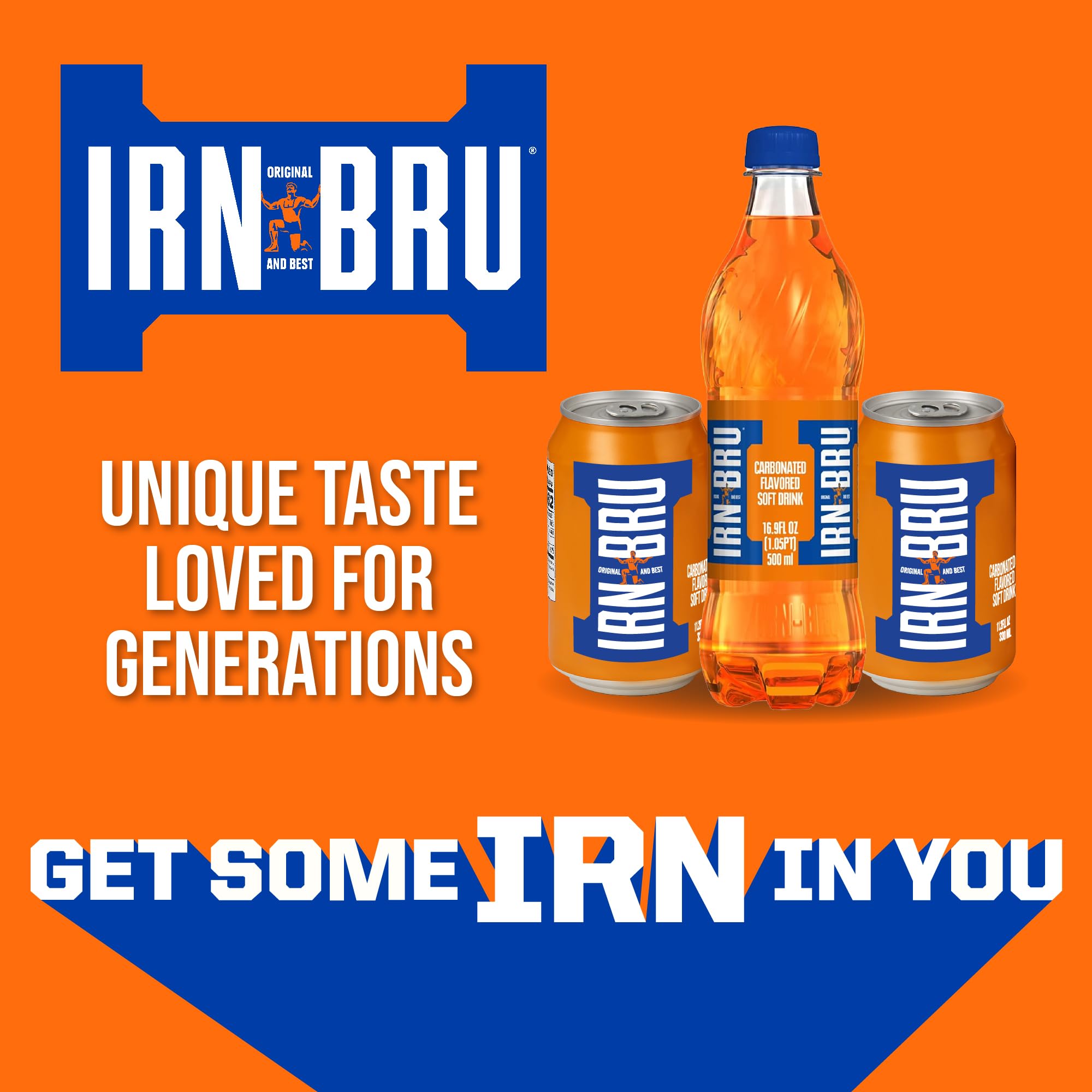 Chilled IRN-BRU Original poured into a glass, cold and bubbly.