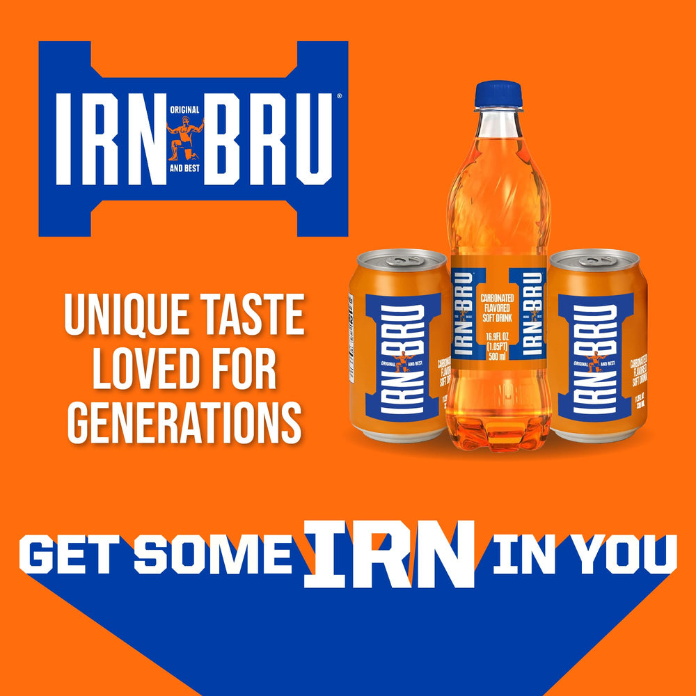 Chilled IRN-BRU Original poured into a glass, cold and bubbly.