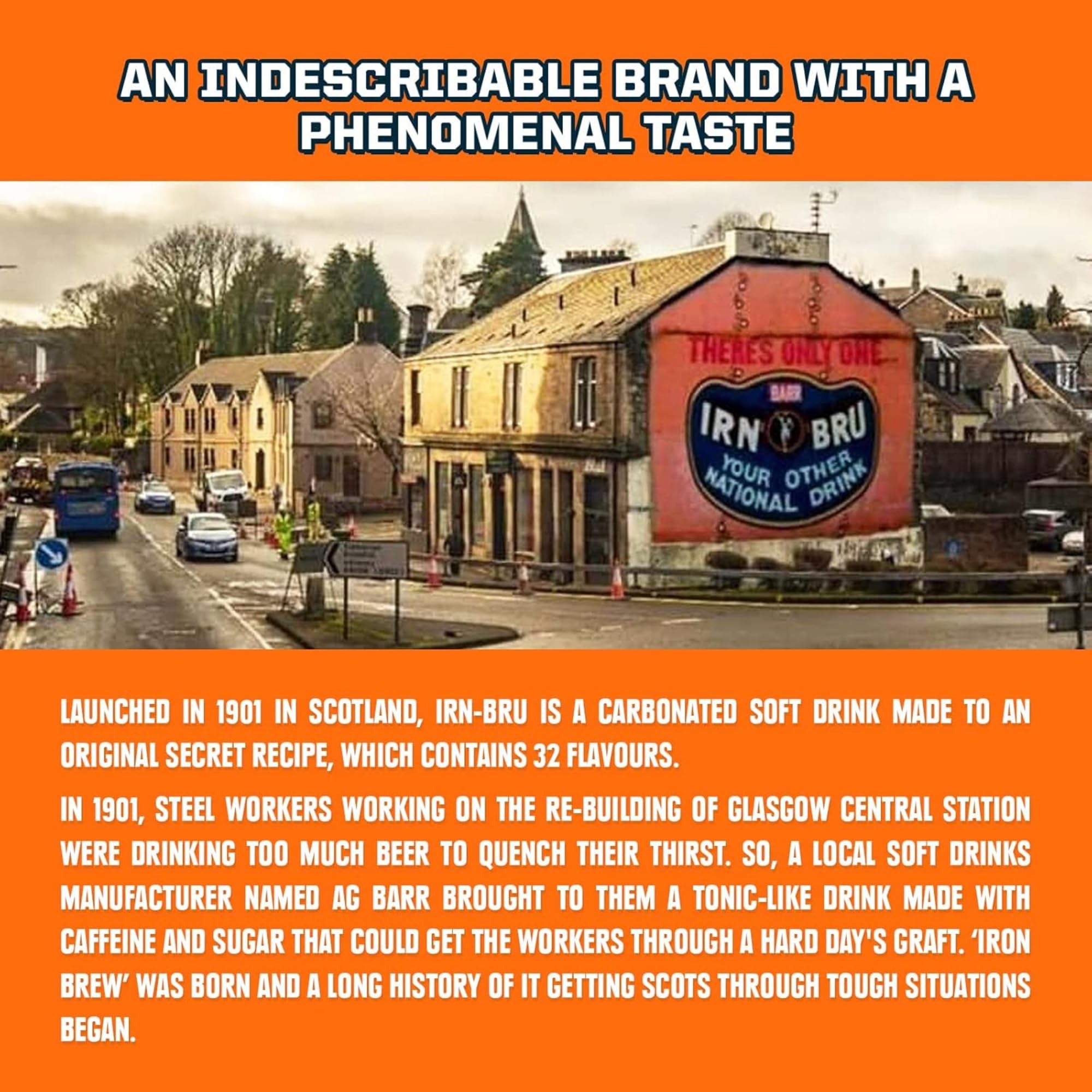 IRN-BRU Original bottle with citrus zest, suggesting a refreshing lift.