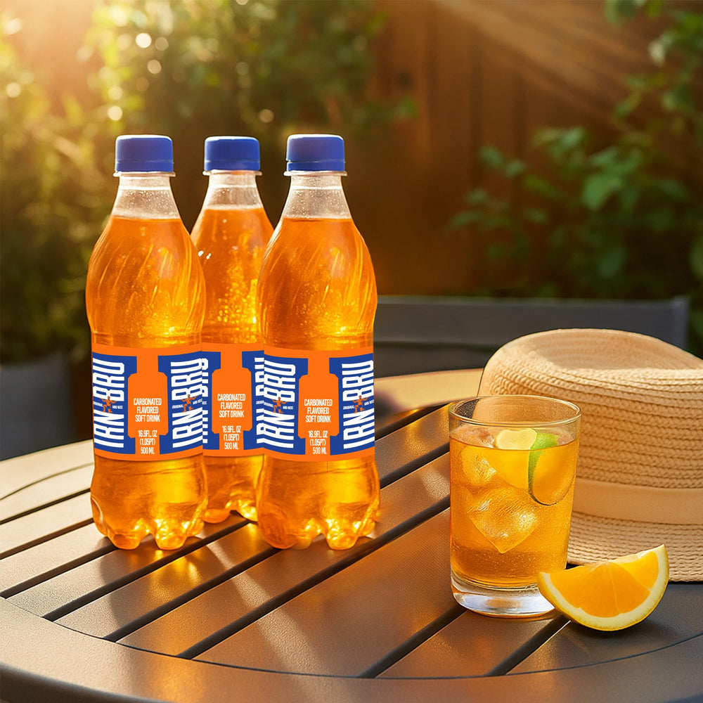 Close-up of IRN-BRU Original label detail highlighting 32 flavors.