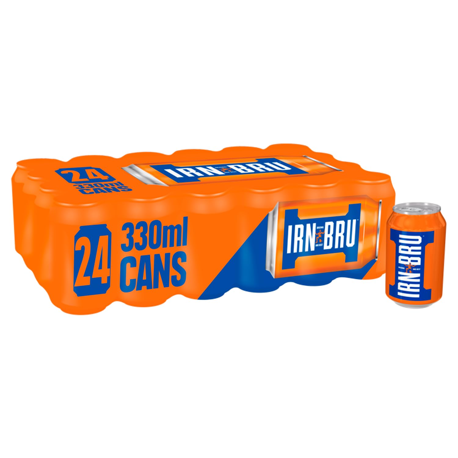 IRN-BRU Original Scottish sparkling soda being poured, crisp citrus flavor in a bottle