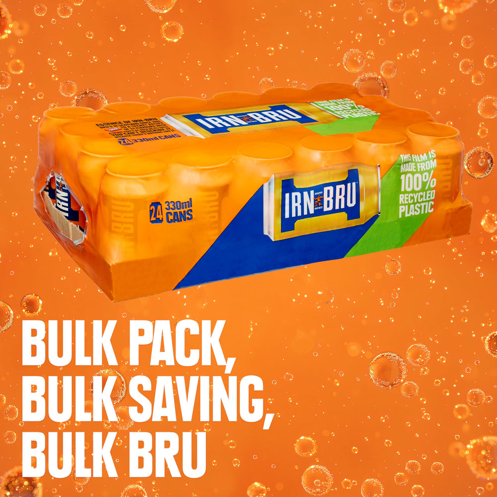 Tall glass of IRN-BRU with ice shows refreshing fizz