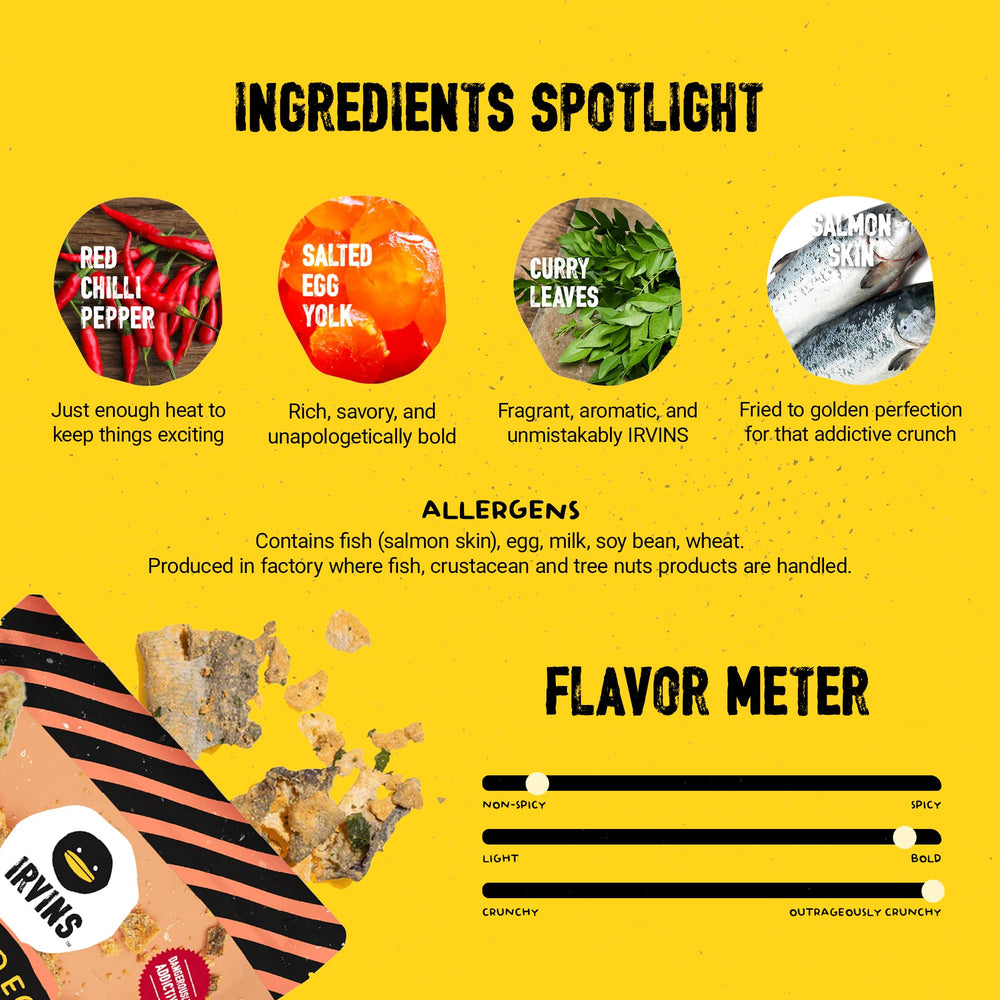 IRVINS Salted Egg Salmon Skin Crisps halal-certified label ensures dietary compliance.