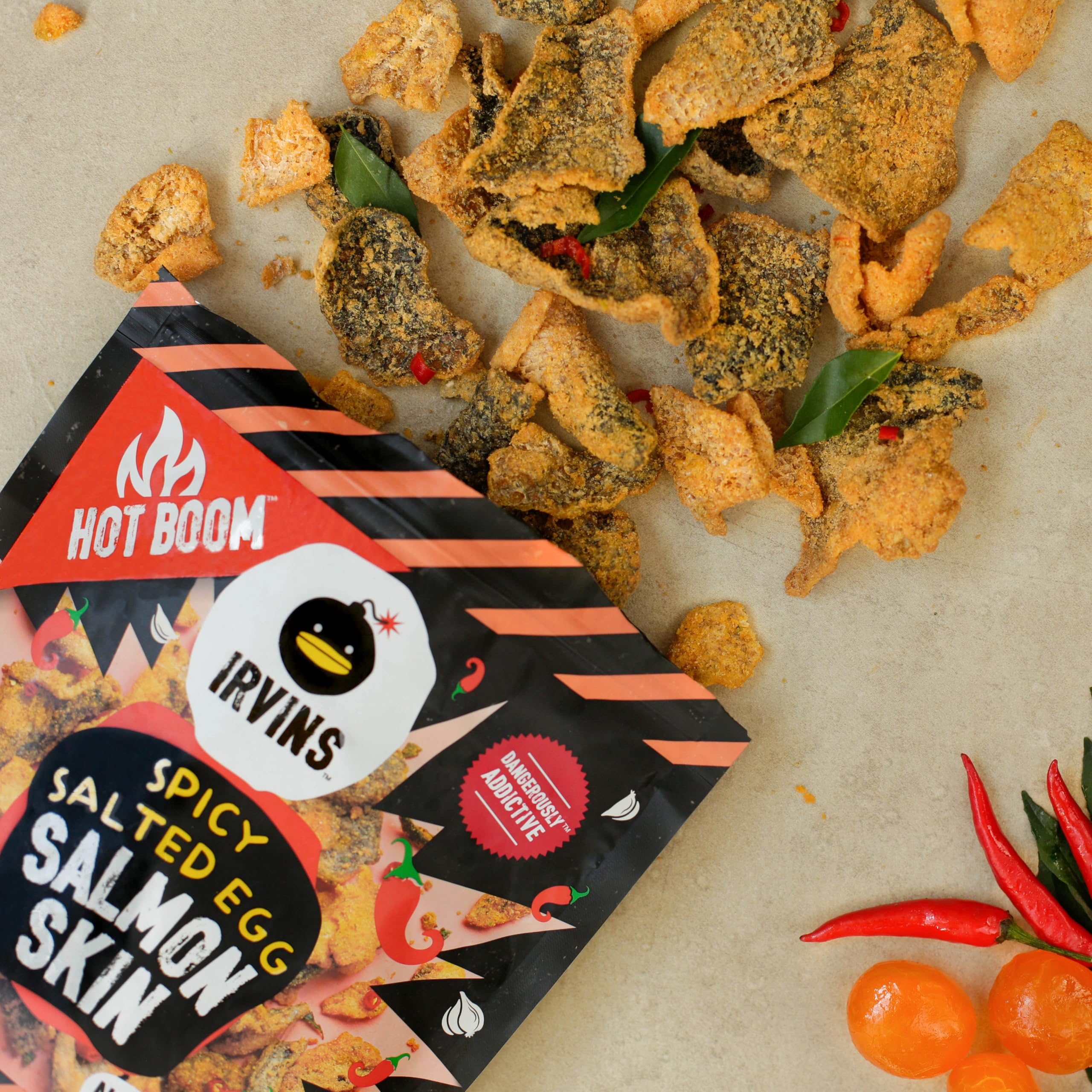 Closeup of IRVINS salmon skin chips reveals crispy texture and garlicky heat.