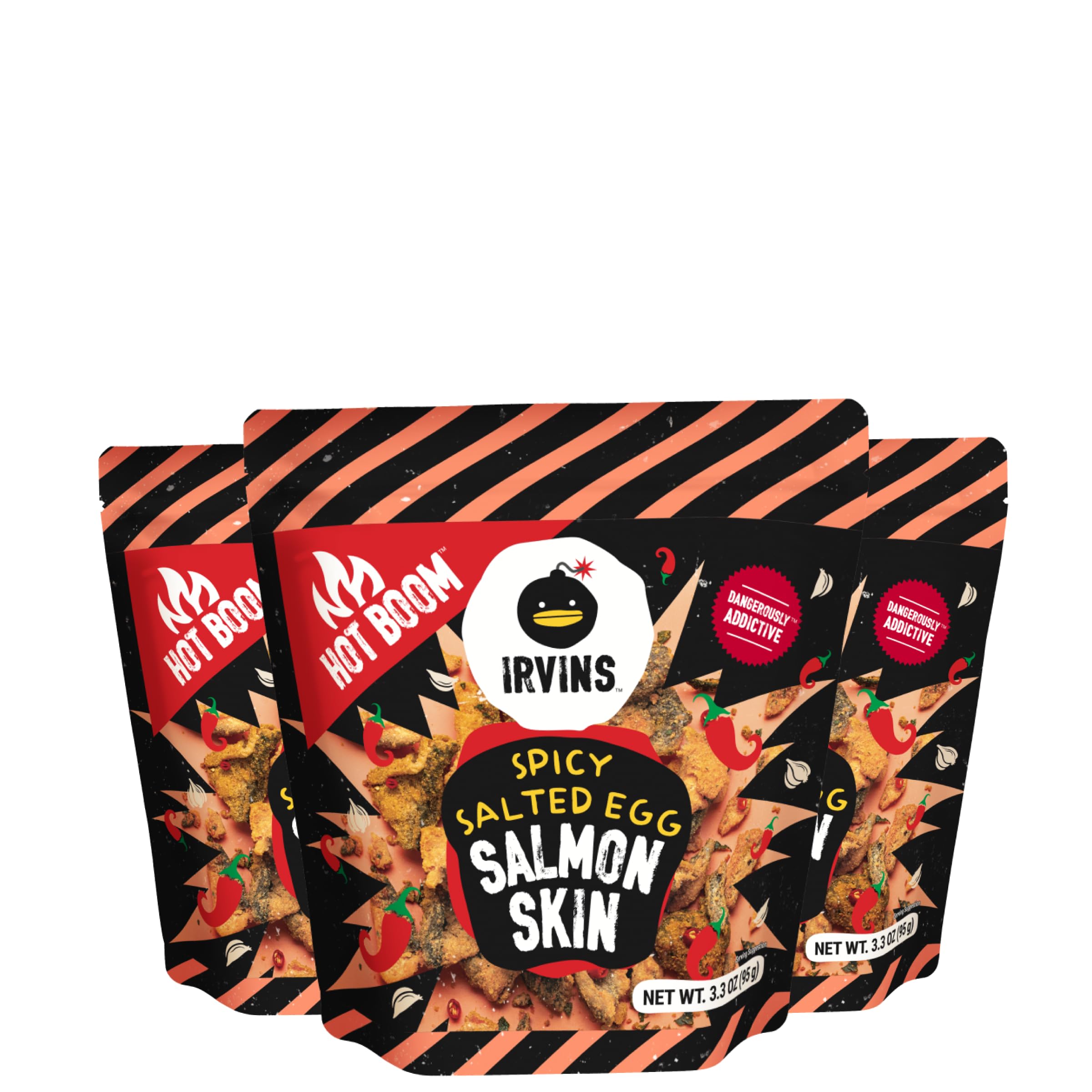 IRVINS Hot Boom pack of salmon skin chips shows bold, spicy flavor and convenient multi-pack.