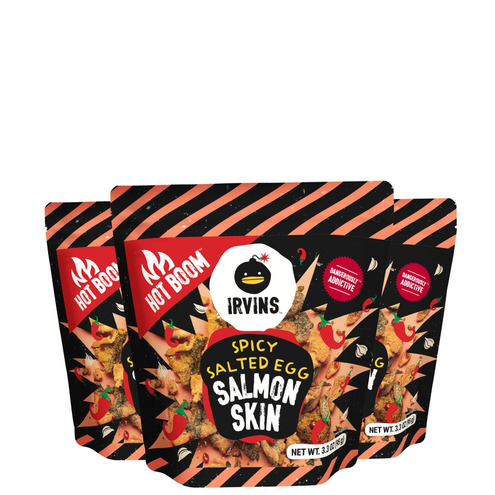 IRVINS Hot Boom pack of salmon skin chips shows bold, spicy flavor and convenient multi-pack.