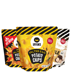 Irvins Salted Egg Potato Chips crisps with creamy brine and crisp texture.