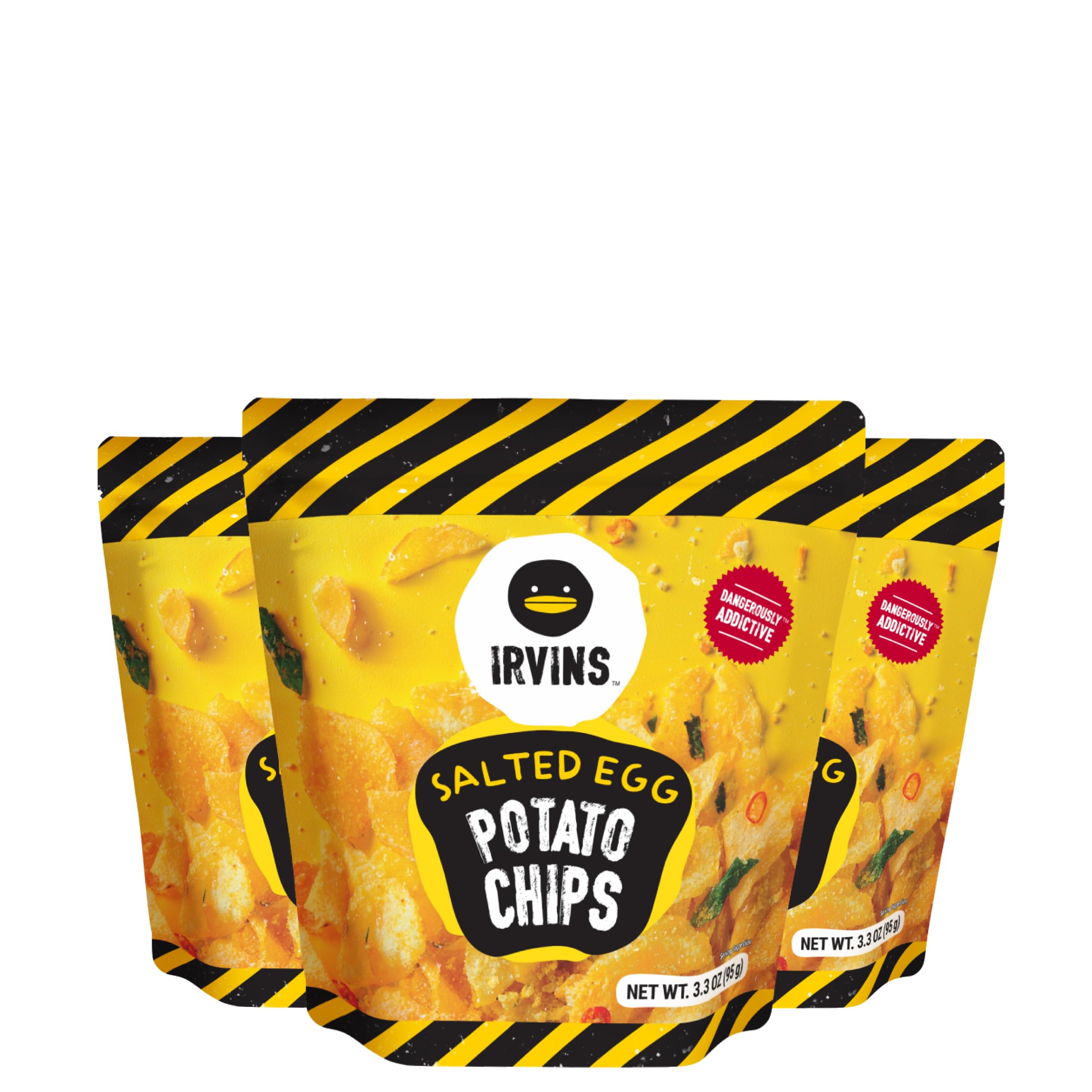 Irvins Salted Egg Potato Chips hand-cooked for premium crunch and bold flavor.