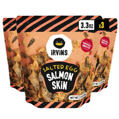IRVINS Salted Egg Salmon Skin Crisps 3-pack packaging, ideal for on-the-go snacking.