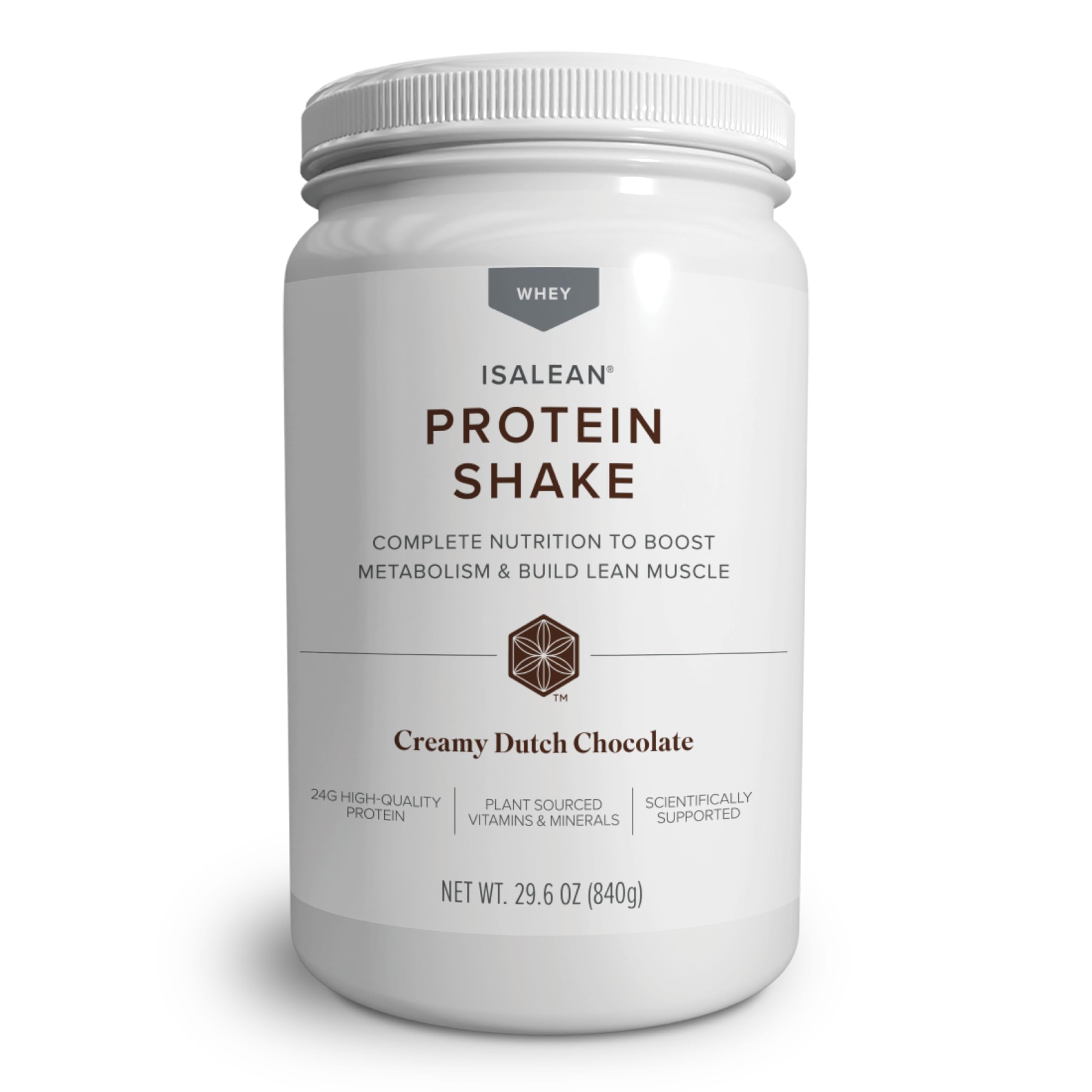 Isagenix IsaLean protein shake bottle shows creamy Dutch chocolate flavor and portion size.