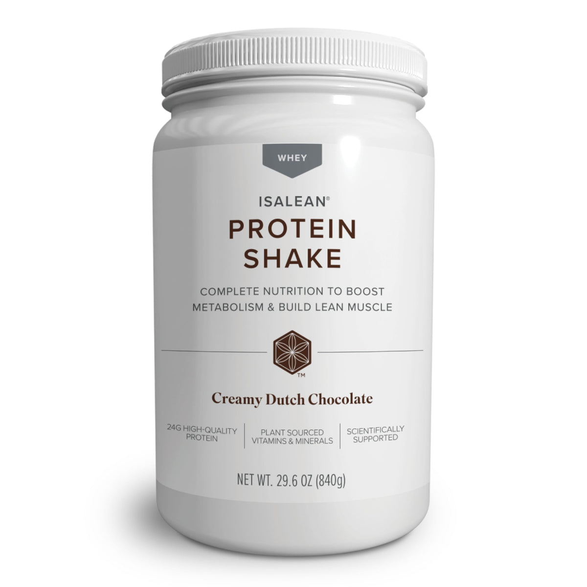 Isagenix IsaLean protein shake bottle shows creamy Dutch chocolate flavor and portion size.